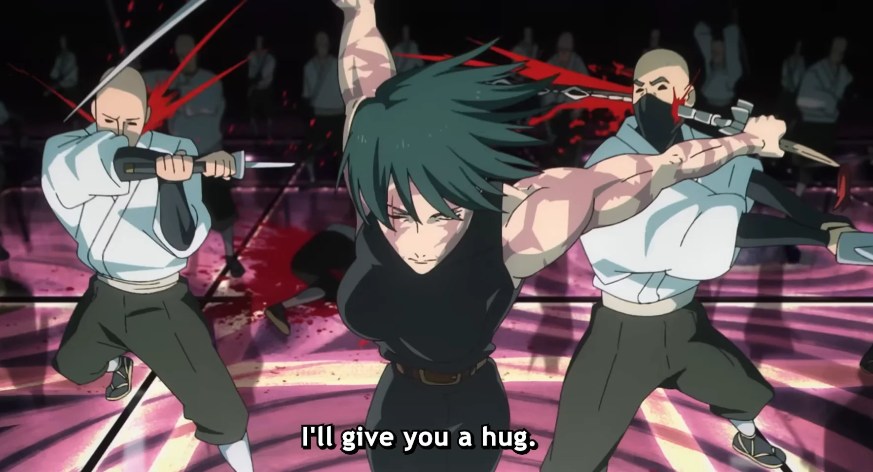 the image shows  Maki Zenin during a major conflict known as the Zenin Clan massacre in Sakurajima Colony