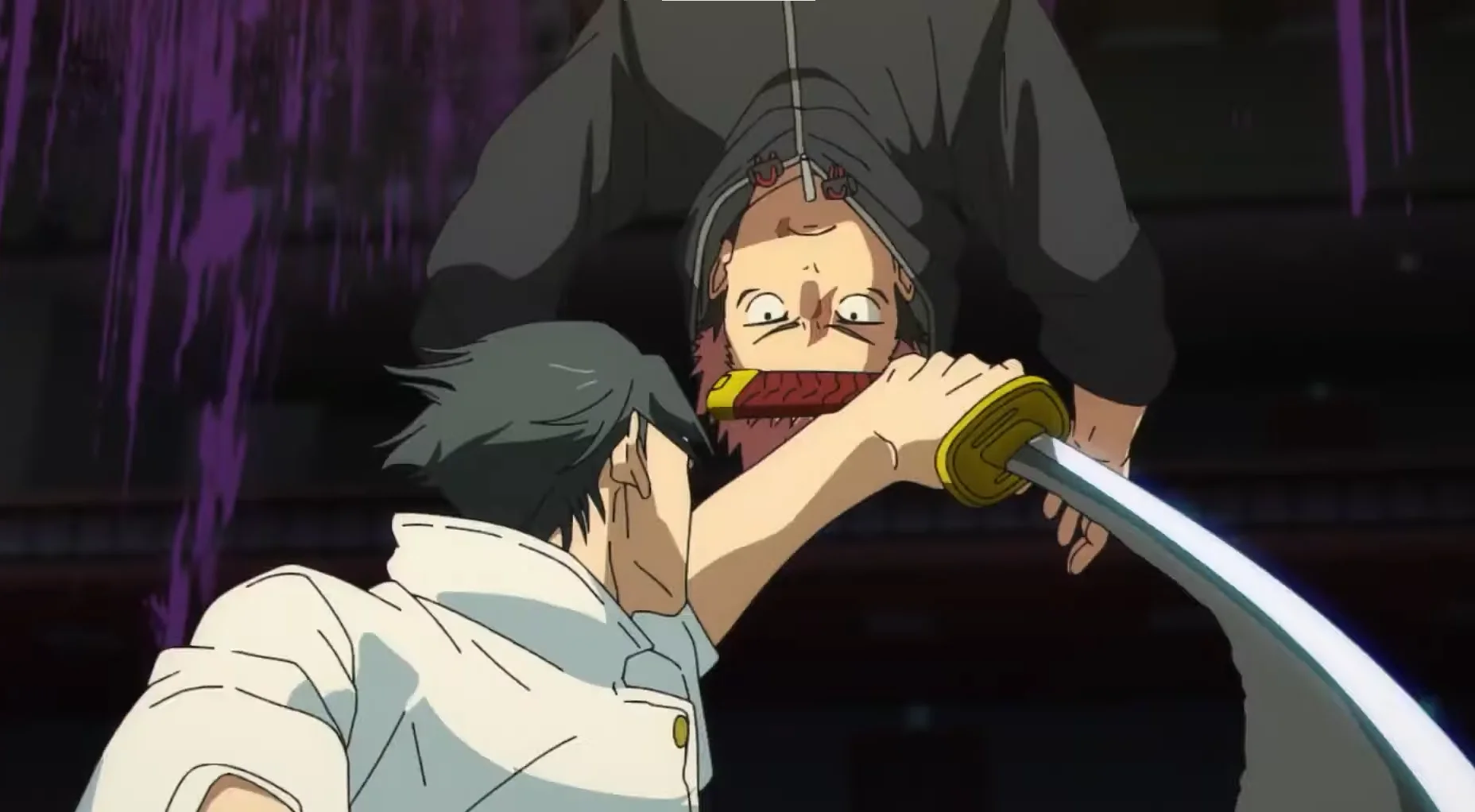 The image depicts a scene from the Jujutsu Kaisen. Yuta Okkotsu seemingly executes the main protagonist, Yuji Itadori 